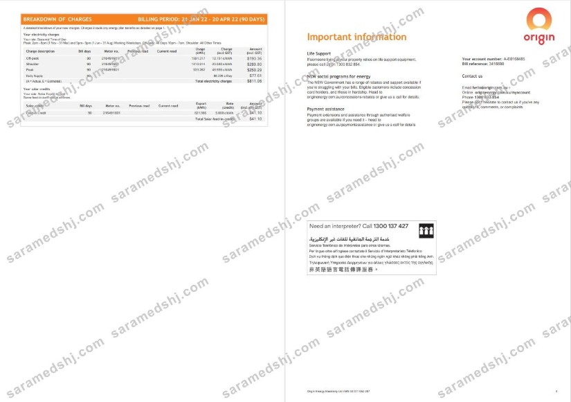 Australia Origin utility bill, Word and PDF template, 4 pages 3 4